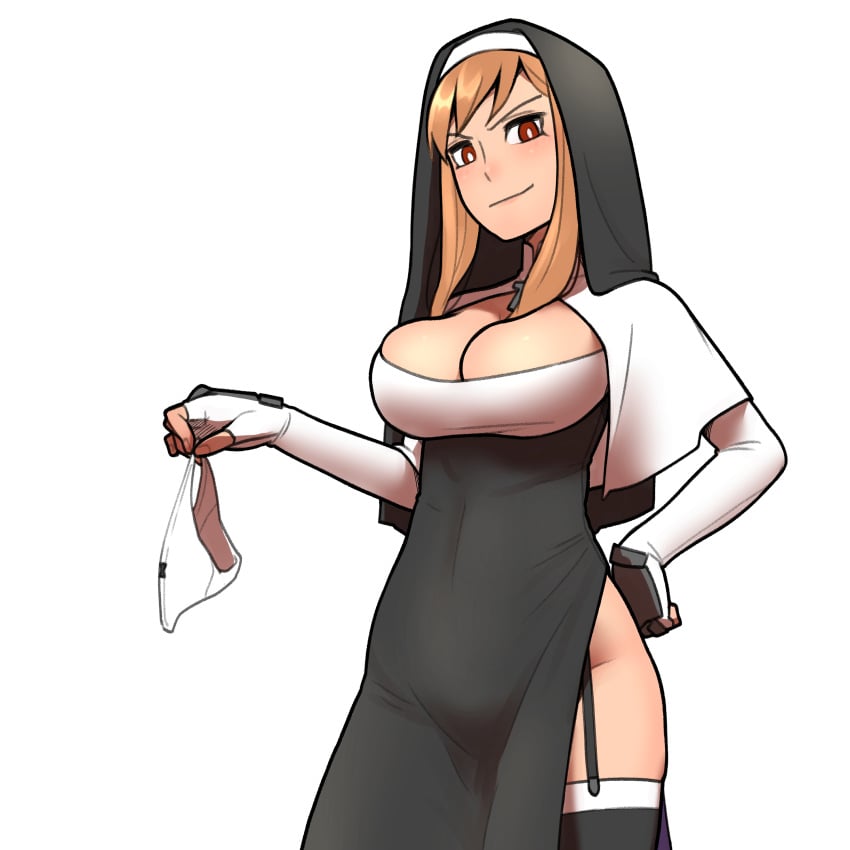 1girls big_breasts breasts brown_hair busty cleavage cleavage_cutout clothing_cutout come_hither confident covered_navel cross cross_necklace female female_only fingerless_gloves garter_straps gloves hand_on_hip highres jewelry large_breasts looking_at_viewer maria_(the_vampire_dies) naughty_face necklace no_panties nun panties panties_removed red_eyes sensual smile solo the_vampire_dies_in_no_time underwear unworn_panties