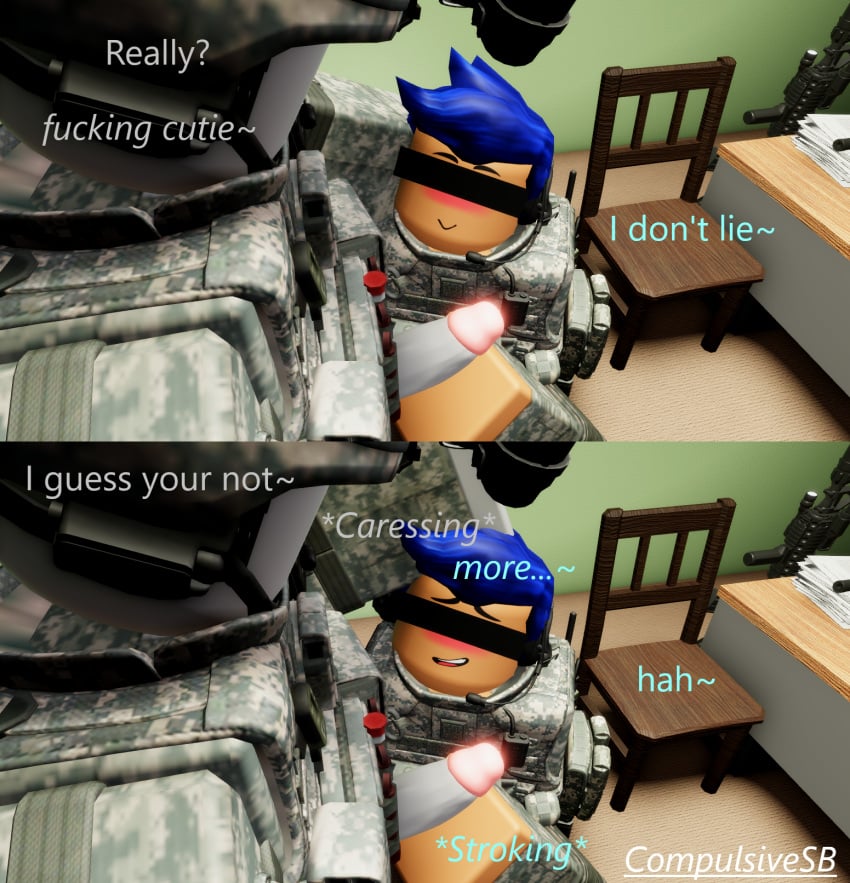 2boys 2males 3d admiring_penis artist_name blush blushing_male caressing caressing_hair caressing_head compulsivesb dialogue gay holding_penis kneeling male male_only military military_clothing military_helmet military_uniform on_knee on_knees roblox roblox_avatar robloxian self_upload smile smiley_face tagme talking talking_to_another talking_to_partner