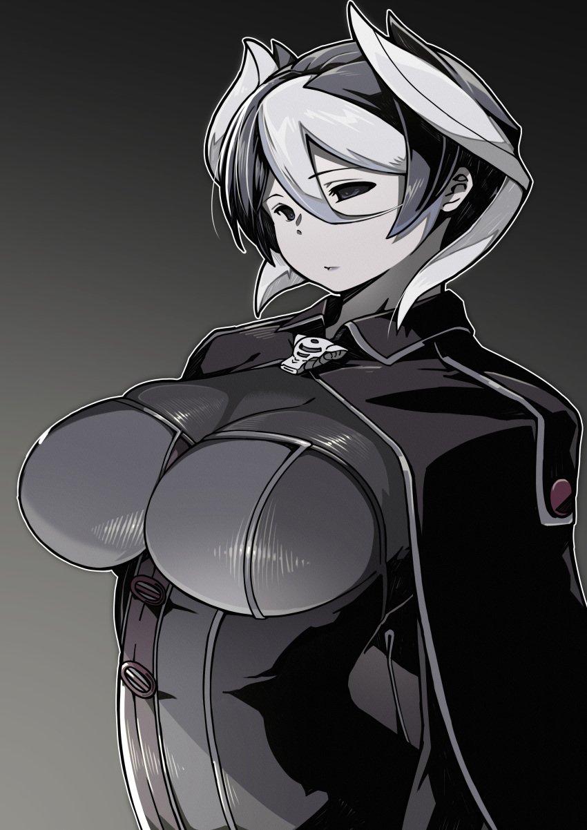 alternate_breast_size big_breasts black_and_white_hair black_eyes cleavage expressionless female female_only fully_clothed hair_between_eyes kingofbandit156 looking_at_viewer made_in_abyss ozen pale-skinned_female pale_skin short_hair solo tight_clothing two_tone_hair white_skin