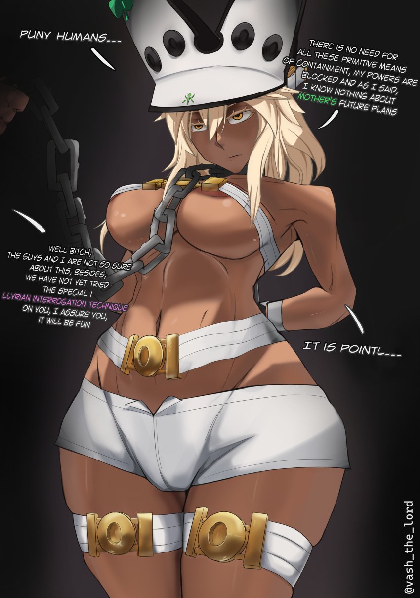 1boy 1girls belly blonde_hair breasts brown_eyes brown_skin chains comic comic_page dark-skinned_female dialogue english english_text female female_focus female_only guilty_gear guilty_gear_xrd hands_behind_back leg_band looking_at_another neutral_expression nipples nipples_visible_through_clothing platinum_blonde_hair ramlethal_valentine shorts simple_background standing underboob vashelor white_hair