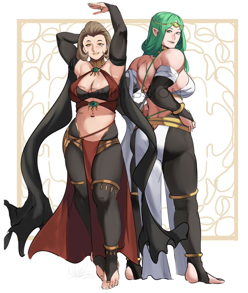 2girls alternate_costume brown_hair circlet cleavage clothed commission cosplay dancer detached_sleeves dorothea_arnault_(cosplay) dorothea_arnault_(plegian)_(cosplay) female female_only fire_emblem fire_emblem:_three_houses fire_emblem_heroes green_hair looking_at_viewer manuela_casagranda mature_female plegian pointy_ears puzzled_artist rhea_(fire_emblem) stirrup_legwear