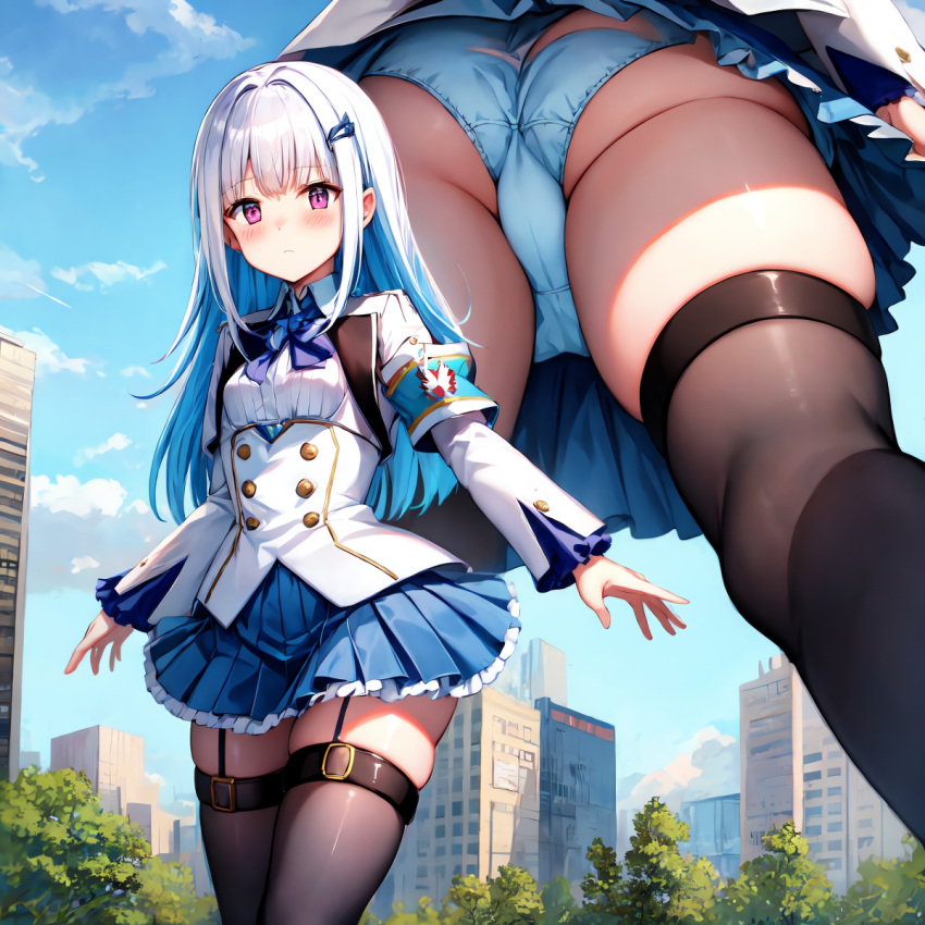 1girls 2kanm ai_generated aqua_panties ass blue_panties breasts from_below lize_helesta long_hair nijisanji panties skirt small_breasts solo solo_female solo_focus two_tone_hair underwear upskirt virtual_youtuber vtuber