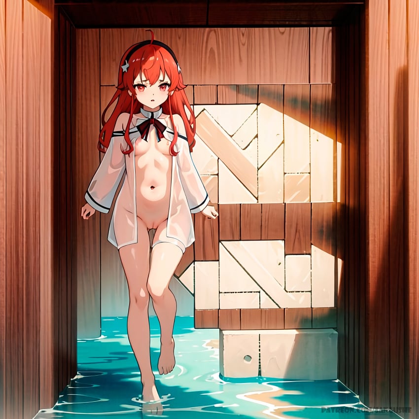 1girls ai_generated barefoot breasts dress eris_greyrat feet female female_only mushoku_tensei mushoku_tensei:_isekai_ittara_honki_dasu pussy red_eyes red_hair sangushe small_breasts smaller_female solo uncensored vagina