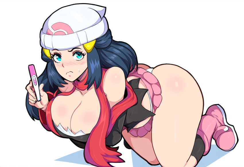 aged_up ai_generated ass big_ass blue_eyes blue_hair blush dawn_(pokemon) female huge_ass huge_butt implied_pregnancy large_breasts mullon novelai panties pokemon pokemon_dppt pregnancy_test solo thick_thighs white_panties