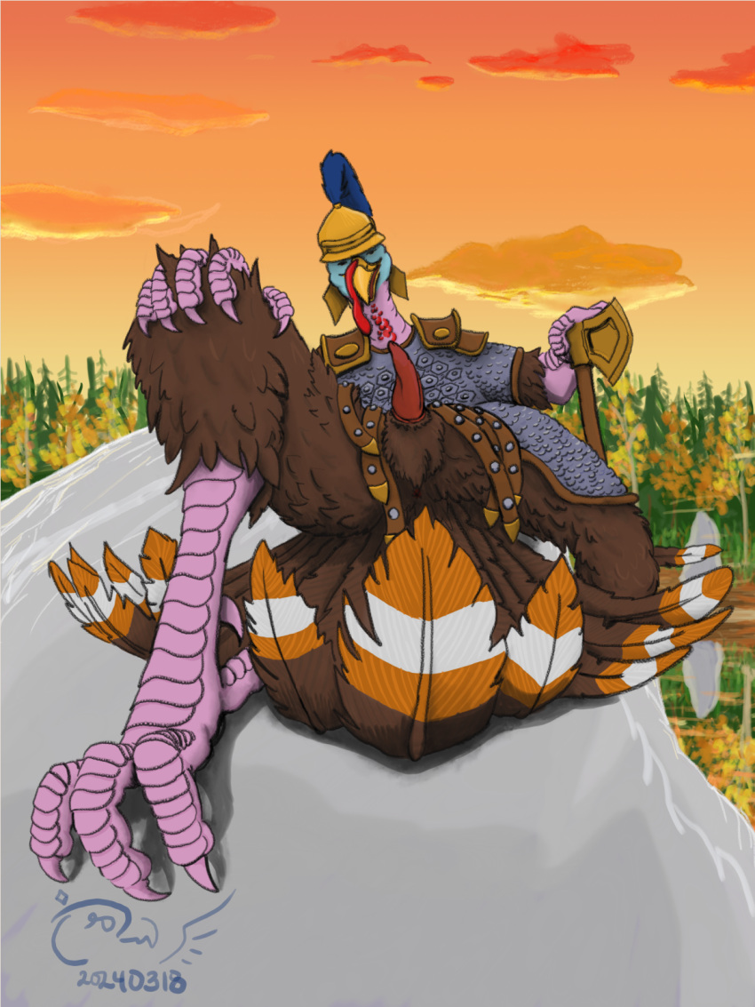 2024 armor autumn avian axe beak bird brown_body brown_feathers cloud digital_media_(artwork) erection feathers feet forest furry galliform genitals hand_on_knee hand_on_leg hand_on_weapon headgear helmet hi_res male outside pauldron penis phasianid pink_body pink_scales plant raised_hackles reclining reflection rock scales scutes shabnack_(artist) signature snood solo sunset tail tail_feathers talons toes tree tumeruk_(shabnack) turkey