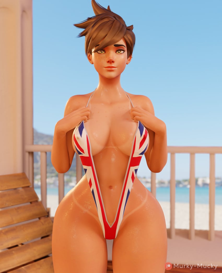 3d bottom_heavy brown_hair child_bearing_hips cleavage curvaceous curvy female_focus huge_ass looking_at_viewer murky_mucky one-piece_swimsuit overwatch overwatch_2 short_hair showing_off sling_bikini solo swimsuit tan_skin tanline tanned thick_thighs tracer union_jack_tracer voluptuous_female yellow_eyes