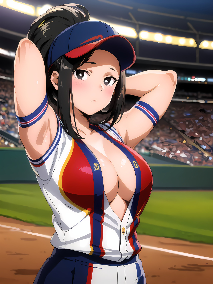 1girls ai_generated blesseddo boku_no_hero_academia cleavage hands_behind_head long_hair looking_at_viewer momo_yaoyorozu my_hero_academia ponytail public solo