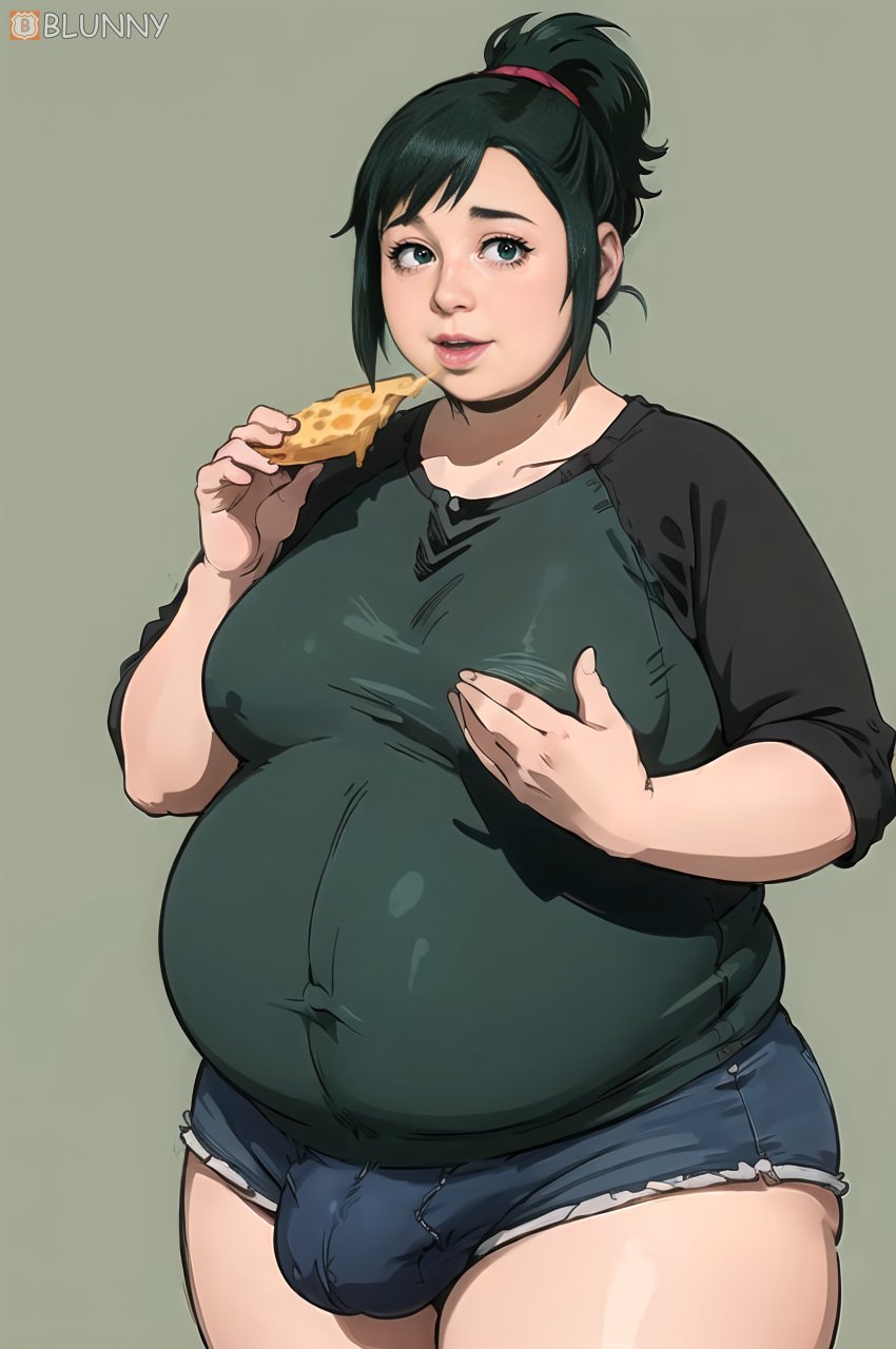 1futa 3d ai_generated ass balls bbw belly big_ass big_belly big_breasts big_butt big_penis blunny boku_no_hero_academia breasts bulge bulge_through_clothing chubby_futanari clothed eating eating_food fat femboy flaccid flaccid_penis futa_bulge futa_only futanari green_eyes green_hair inko_midoriya jeans_shorts midoriya_inko milf my_hero_academia penis pizza shorts snack solo stable_diffusion uniform