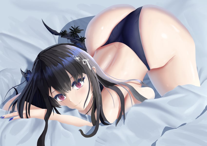 1girls all_fours ass ass_bigger_than_head ass_up background bed bed_sheet big_ass big_butt black_hair blue_underwear breast_rest bubble_ass bubble_butt dark_underwear female from_above hair hair_ornament hololive hololive_english hololive_english_-advent- huge_ass huge_breasts huge_butt long_hair looking_at_viewer lunar_avenger nerissa_ravencroft no_bra panties skindentation smile solo solo_female solo_focus spread_legs thick_thighs top-down_bottom-up topless topless_female underwear virtual_youtuber vtuber wide_hips