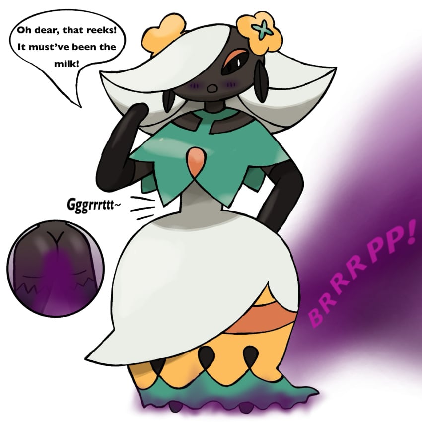 blush fakemon fart fart_cloud fart_trapped_in_clothing flower_dress flowers_in_hair fosauda_(oc) lactose_intolerance pokemon_(species) purple_fart tagme thigh_highs white_dress