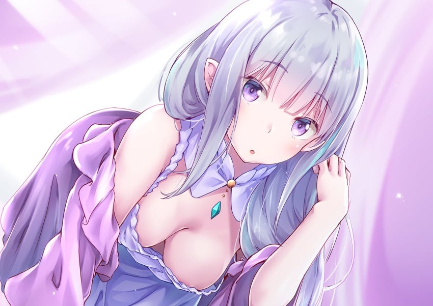 1girls boobs breast_focus breasts breasts_apart doggy_style_position elf elf_ears elf_female emilia_(re:zero) hanging_breasts light-skinned_female light_skin looking_at_viewer nightgown nipple_slip purple_eyes re:zero_kara_hajimeru_isekai_seikatsu silver_hair solo