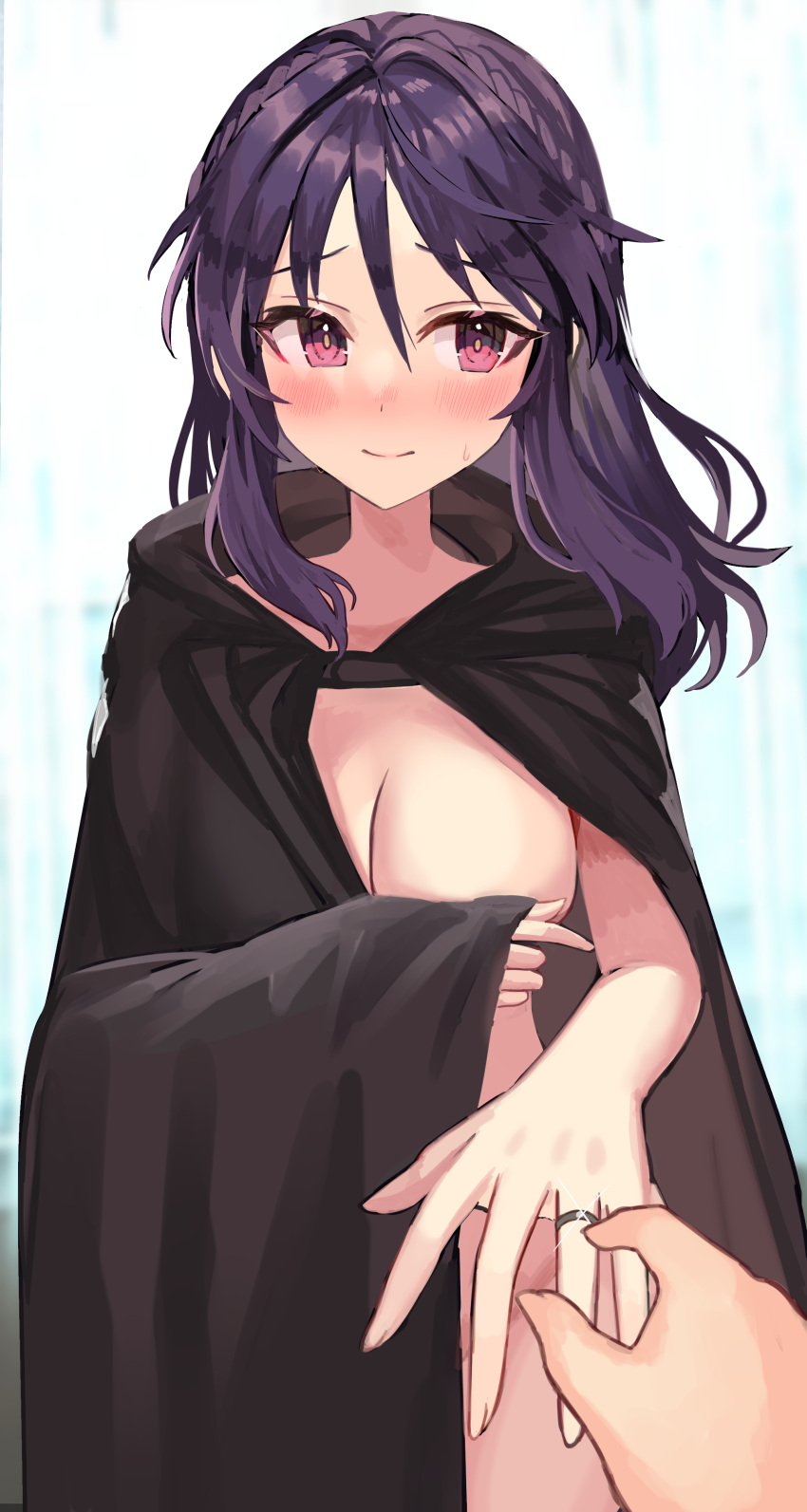 1girls black_cape black_cloak blush breasts cape cleavage cloak covering covering_breasts fault_milestone female marriage_proposal naked_cape naked_cloak nude pink_eyes proposal purple_hair ring ritona_reighnvhasta rum_raisin_(chihiromakita19) solo sweat wedding_ring