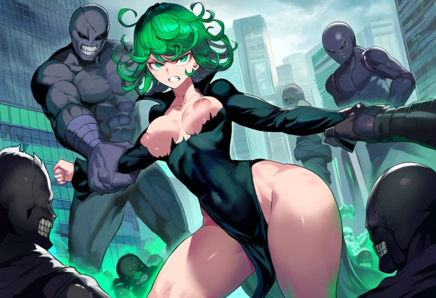 1girls ai_generated black_dress curvy defeat defeated defeated_heroine destroyed_building destroyed_city female green_hair imminent_rape imminent_sex monster multiple_boys novelai one-punch_man surrounded tatsumaki thick_thighs torn_clothes wide_hips