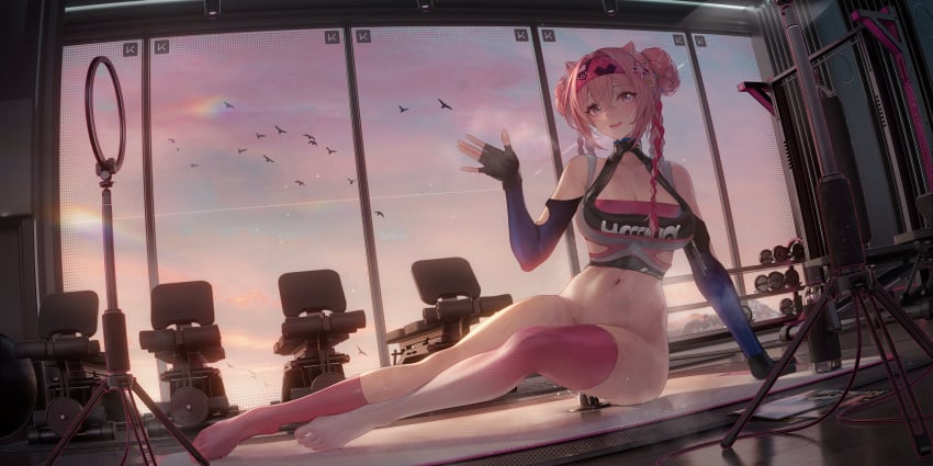 arknights binggong_asylum bird blush bottomless braid breasts cleavage crop_top detached_sleeves dildo dildo_riding double_bun eureka_(arknights) exercise_machine female fingerless_gloves gloves gym hair_bun halterneck highres large_breasts long_hair looking_at_viewer masturbation navel open_mouth pink_hair sex_toy single_thighhigh sitting solo thighhighs twin_braids u-official_(arknights) waving weights