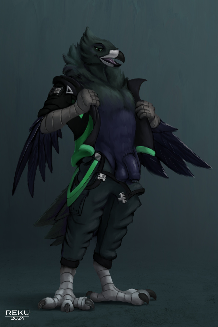 2024 absurd_res anthro arm_feathers artist_logo avian avian_feet balls beak bird blue_body blue_feathers clothed clothing corvid corvus_(genus) digital_media_(artwork) digitigrade feathers flaccid genitals green_body green_eyes green_feathers hand_in_pocket hi_res logo male oscine partially_clothed passerine pecs penis pockets qr_code raven reku_illustration removed_clothing riven_(oc) solo standing