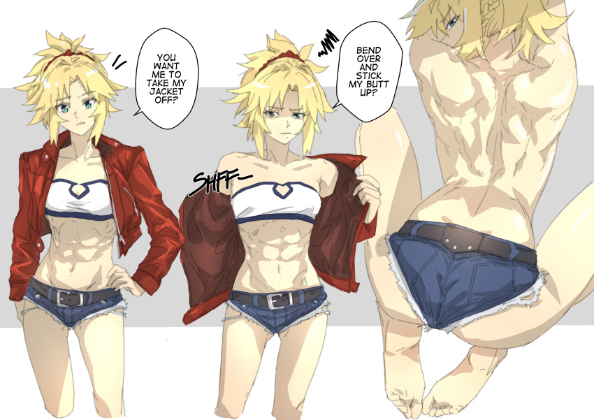 1girls abs annoyed ass ass_focus back_muscles bending_over blonde_hair blue_eyes embarrassed english_text fate/apocrypha fate/grand_order fate_(series) female_abs female_only fit_female hand_on_hip hotpants jacket light-skinned_female light_skin looking_at_viewer looking_back_at_viewer medium_breasts minuranakatawa mordred_(fate) muscular_female navel ponytail short_shorts sidelocks small_breasts solo stomach text toned_female tubetop type-moon undressing