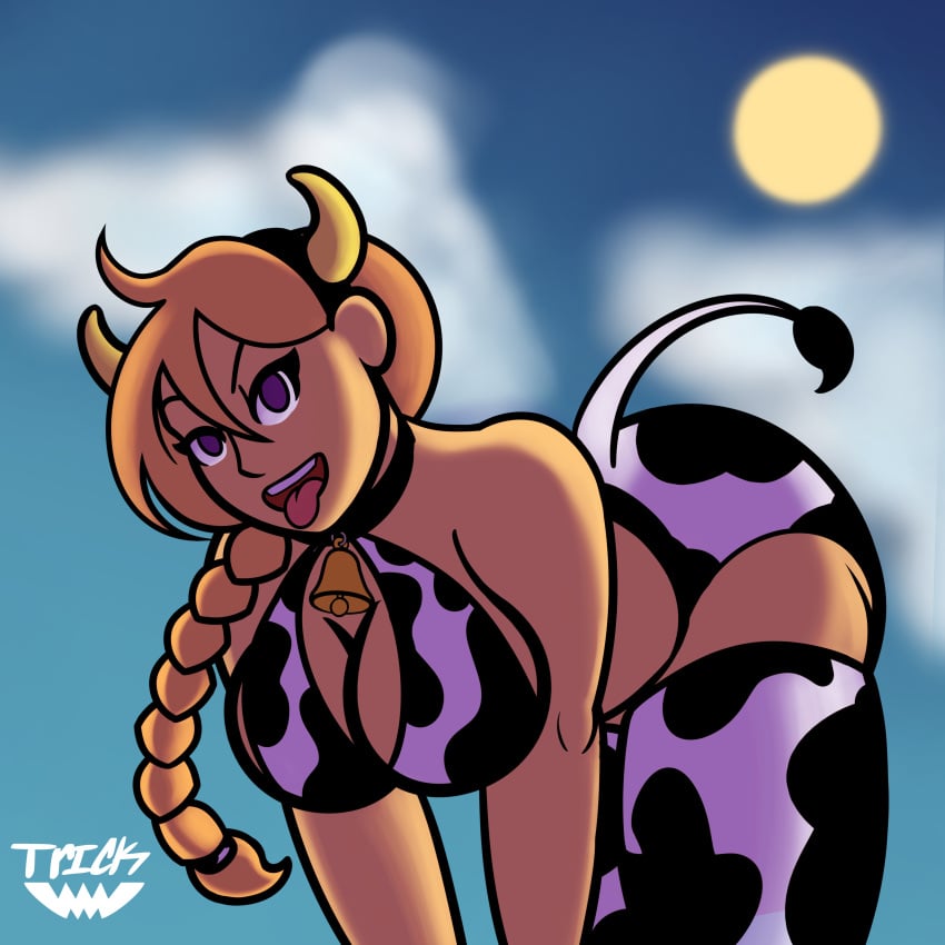 blonde_hair braided_hair braided_ponytail breasts breasts cow_ears cow_girl cow_horns cow_print cowbell cowkini cowprint_lingerie hucow huge_boobs huge_breasts purple_eyes thick_thighs tongue_out tricktownsend(artist)