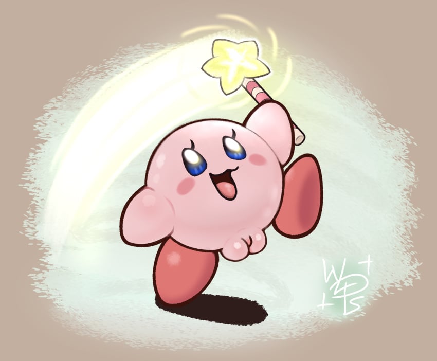 artist_logo blue_eyes blush female genitals hi_res kirby kirby_(series) logo nintendo not_furry open_mouth pink_body plump_labia pussy raised_leg signature simple_background smile solo star_rod tongue waddling_head wand weird wolps