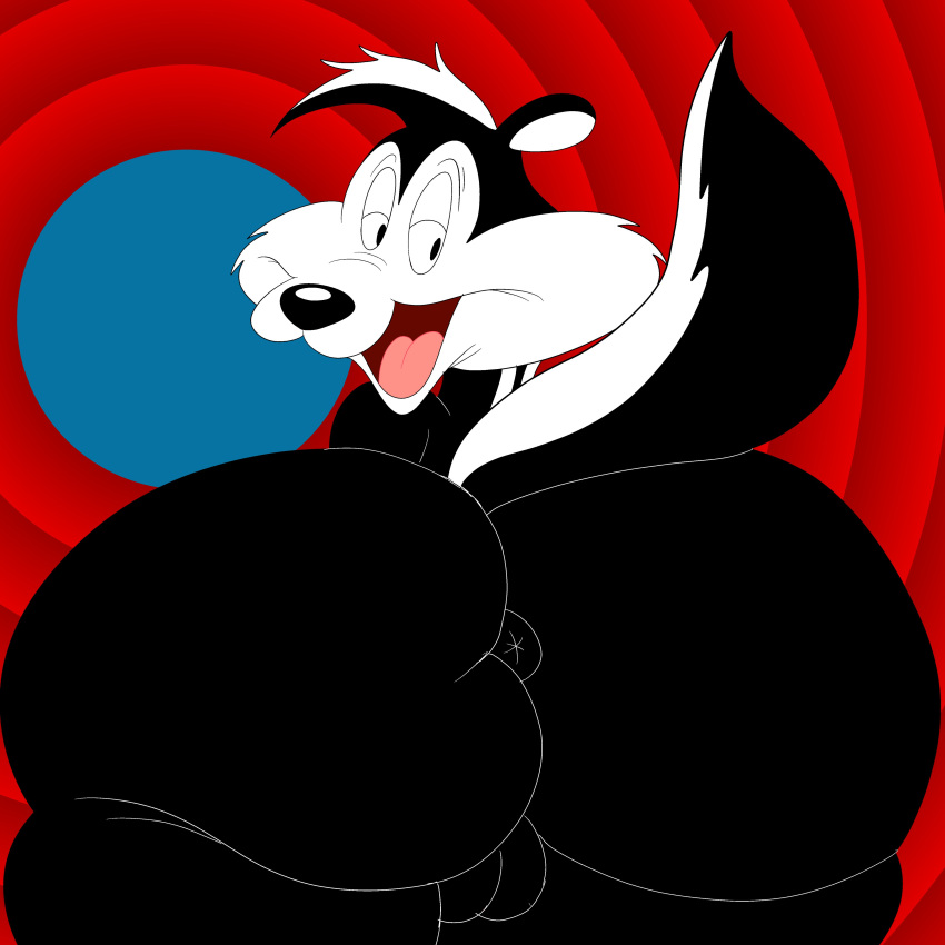 anthro anus balls big_ass big_butt black_fur blastprocessing16 bubble_ass bubble_butt cartoony happy_face hi_res looney_tunes mammal pepe_le_pew showing_ass skunk tail warner_brothers white_fur