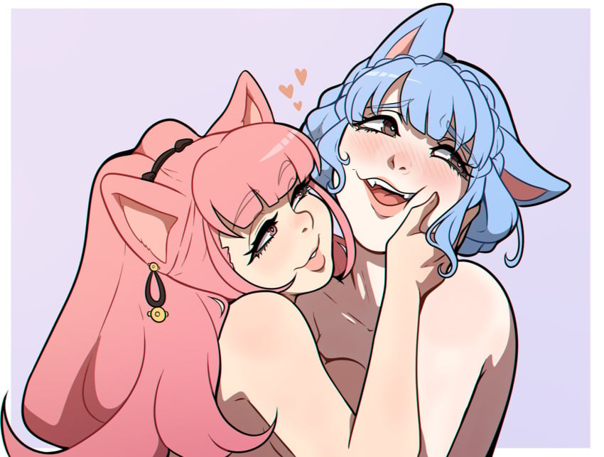 2girls animal_ears blue_hair blunt_bangs blush braid brown_eyes cat_ears catgirl cheek_grab earrings fangs female female_only fire_emblem fire_emblem:_three_houses hand_on_another's_face heart heart-shaped_pupils highres hilda_valentine_goneril jewelry kemonomimi_mode kinkymation lips long_hair looking_away marianne_von_edmund multiple_girls narrowed_eyes nintendo nude nude_female open_mouth pink_eyes pink_hair ponytail short_hair smiling three-quarter_portrait wholesome yuri