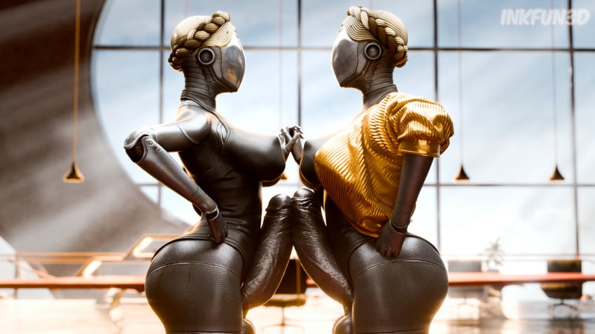 2futas atomic_heart ballerina balls blonde_hair frottage futanari hand_on_hip huge_cock indoors inkfun3d intersex jacket left_(atomic_heart) metallic_body penis right_(atomic_heart) robot standing tagme the_twins_(atomic_heart) window window_light