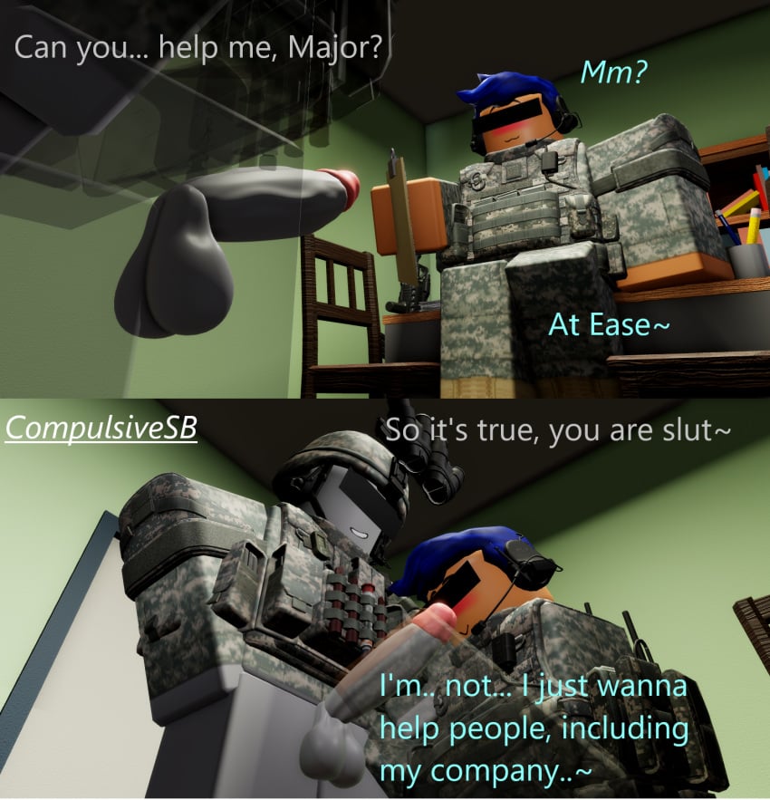 2boys 2males 3d admiring_penis artist_name blush blushing_male clipboard compulsivesb dialogue gay holding_penis kneeling male male_only military military_clothing military_helmet military_uniform on_knee on_knees roblox roblox_avatar robloxian self_upload sitting_on_desk smile smiley_face tagme talking talking_to_another talking_to_partner transparent transparent_body transparent_clothing