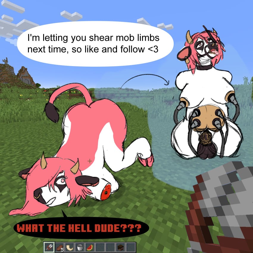 absurd_res amputation amputee anthro ass ass_up before_and_after bodily_fluids bondage bovid bovine breast_milking cattle chastity_cage chastity_device collar crotchboob dialogue disability ear_piercing ear_tag eri_(erimad) erimad facial_piercing forced fur gag gameplay_mechanics genitals gore gynomorph hair hi_res horn intersex intersex_only lactating looking_at_viewer looking_up machine mammal masochism microsoft milking_machine minecraft minecraft_background mojang nose_piercing nose_ring nose_ring_pull penis piercing piercing_pull pink_body pink_fur pink_hair quadruple_amputee ring_gag ring_piercing sadism solo speech_bubble surprise tongue tongue_out tongue_out_piercing udders videogame_setting xbox_game_studios