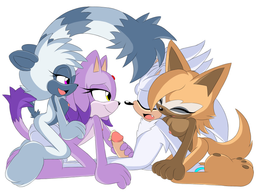 1boy 3girls blaze_the_cat female hair_down handjob j_nsfw male silver_the_hedgehog sonic_(series) sonic_the_hedgehog_(idw) sonic_the_hedgehog_(series) straight tangle_the_lemur whisper_the_wolf