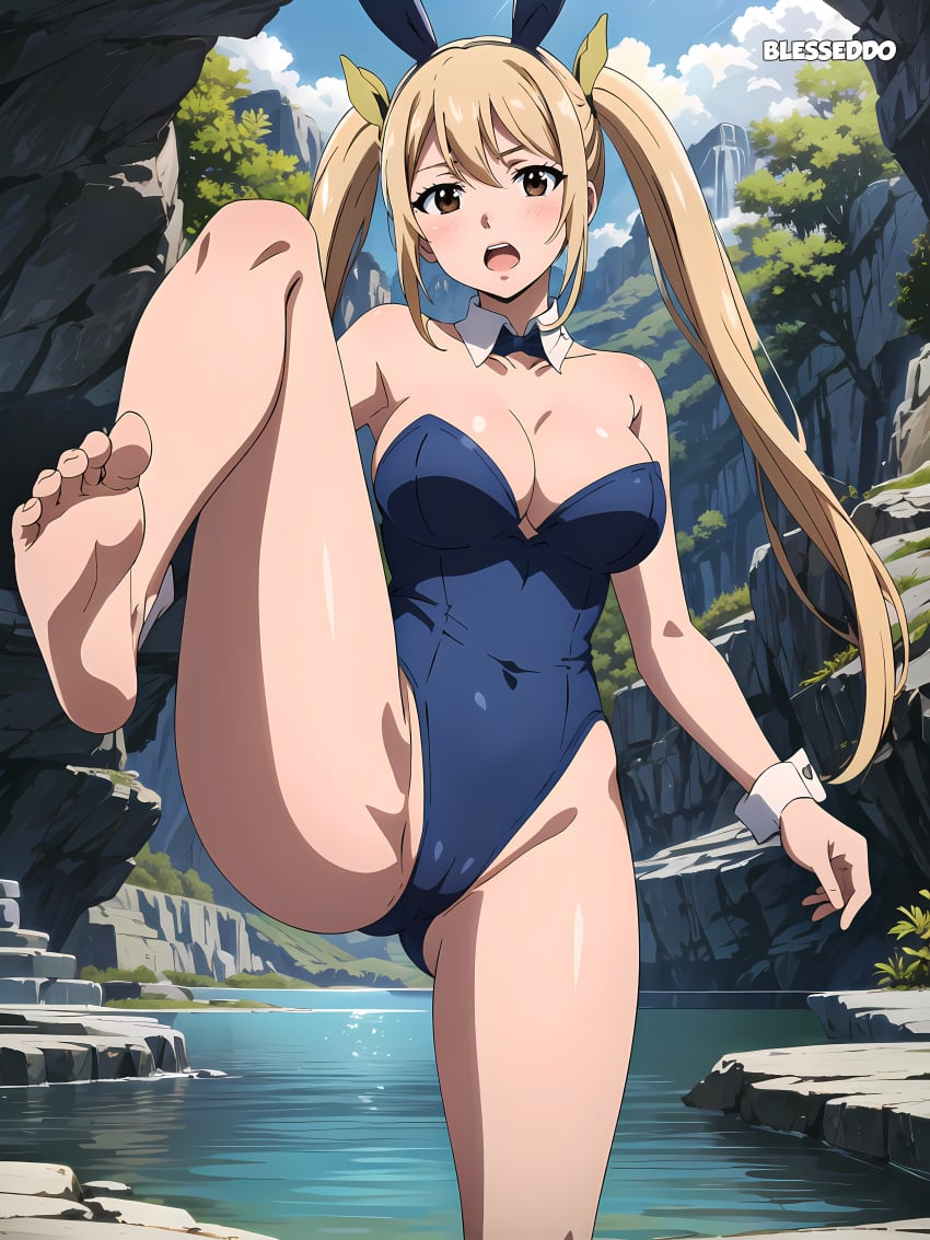 1girls ai_generated blesseddo blonde_hair bunny_ears cleavage fairy_tail leg_up long_hair looking_at_viewer lucy_heartfilia twintails