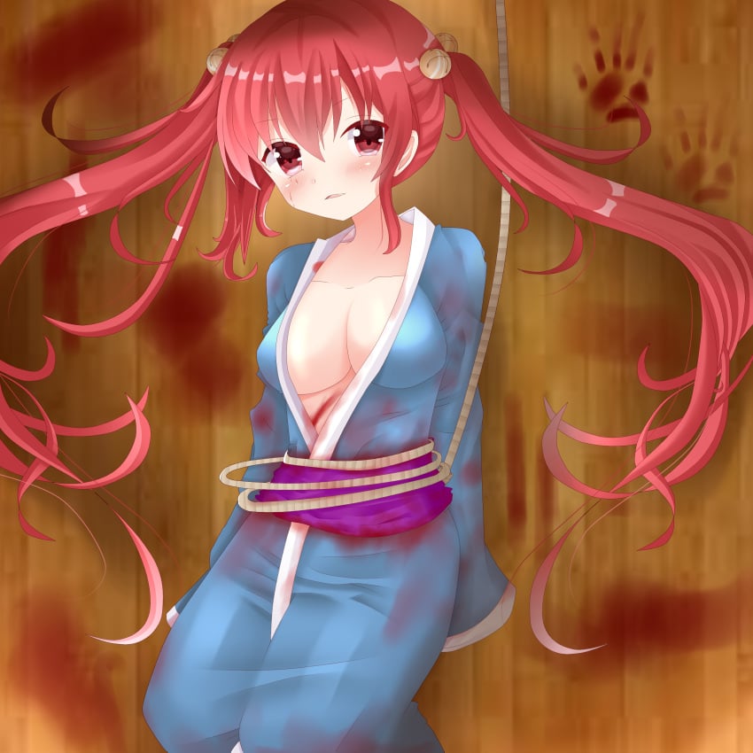 1girls akari_oborodzuka blood_on_clothing blood_on_wall blood_stain bloody_handprints blush breasts cleavage crying crying_with_eyes_open female guro hair_bell handprint hatsune_miku higher_resolution_duplicate japanese_clothes kidnapped kimono kimono_open kyoto-kimi long_hair long_sleeves looking_at_viewer masa_works_design multicolored_hair mv_character oni_to_kitsune_no_hanashi onigumo_to_kitsune_no_shishi_to_(vocaloid) open_clothes open_kimono red_eyes red_hair rope sash scared_expression solo solo_female tagme tears tied_up tied_waist twintails vocaloid white_hair wooden_wall