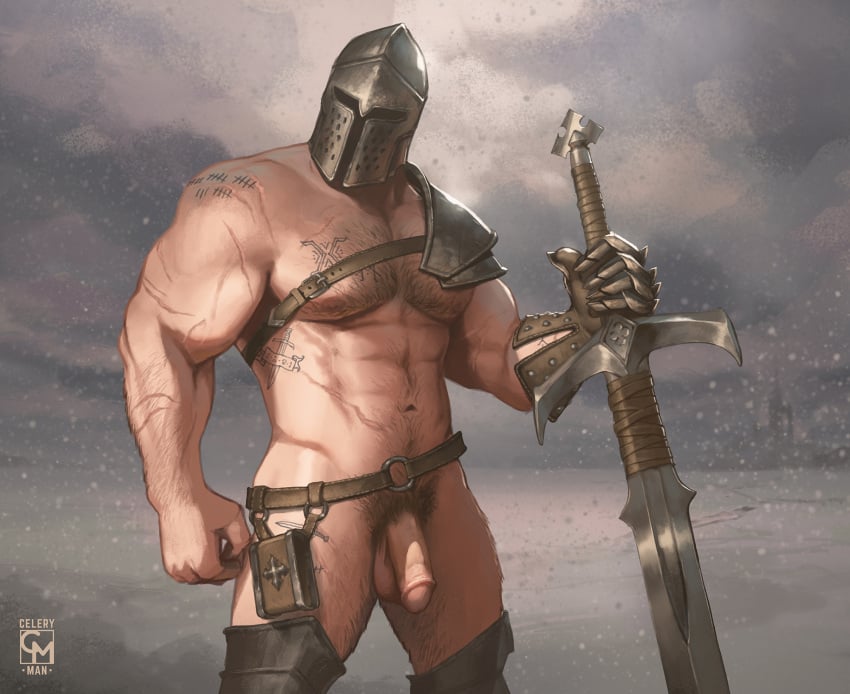 1boy abs alpha_male arm_hair armor balls bara beefy big_muscles big_pecs celery_man6 chest_hair circumcised circumcision_scar daddy dilf gay hair hairy hairy_chest hairy_male happy_trail helmet helmet_only human hunk impractical_armor impractical_clothing knight leg_hair male male_only manly masked_male muscular muscular_human muscular_male navel nipples nude pecs penis pubic_hair scars signature solo solo_male sword tattoo tough_guy weapon