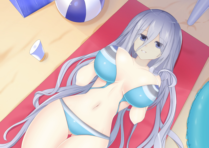 1girls beach big_breasts bikini breasts date_a_live female_only grey_hair kuro1tanaka light-skinned_female long_hair murasame_reine open_clothes solo thighs white_eyes