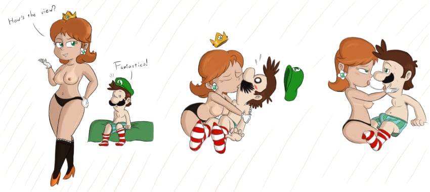 breasts brown_hair bulge color crown facial_hair female hair hat human kissing luigi male mario_(series) moustache nintendo nipples princess_daisy saliva straight timoteihiv