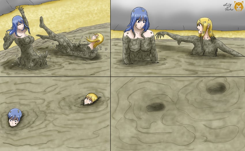 2girls breasts completely_naked completely_nude fairy_tail female female_only juvia_lockser lady-of-mud lucy_heartfilia mud mud_pit muddy naked nipples nude quicksand