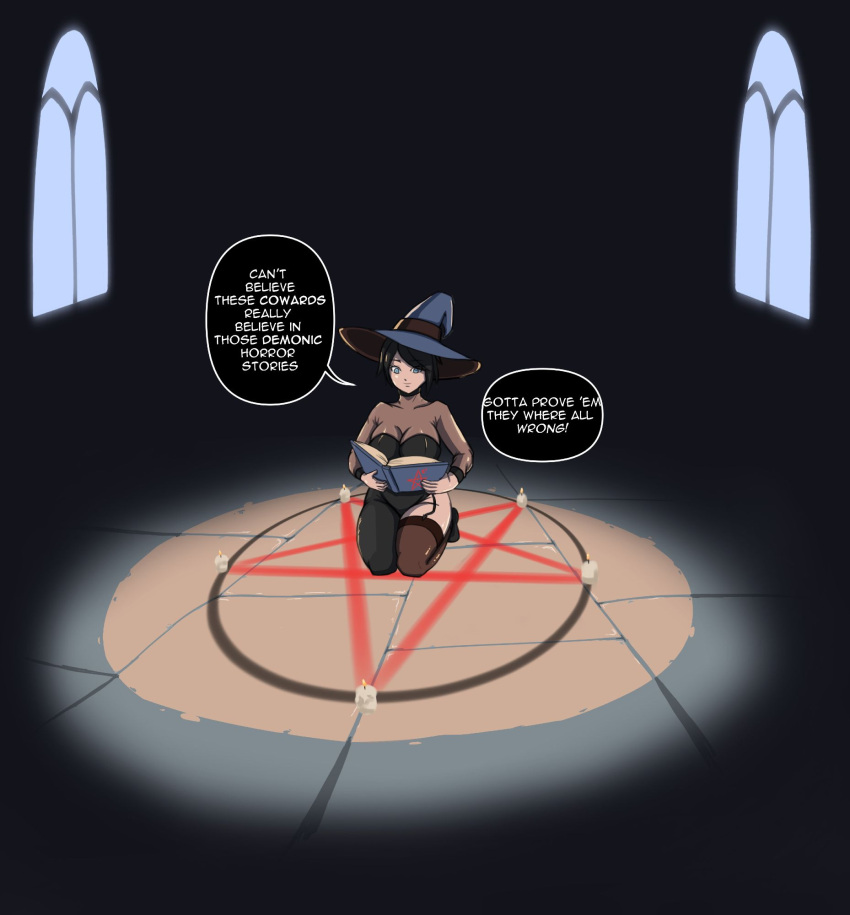 1girls background big_breasts black_hair blue_eyes book breasts candles cleavage color colored dark_hair dark_room garter_belt meatbeater original pentagram short_hair smile smiling speech_bubble stockings stone_floor text text_bubble thick_thighs witch witch_hat