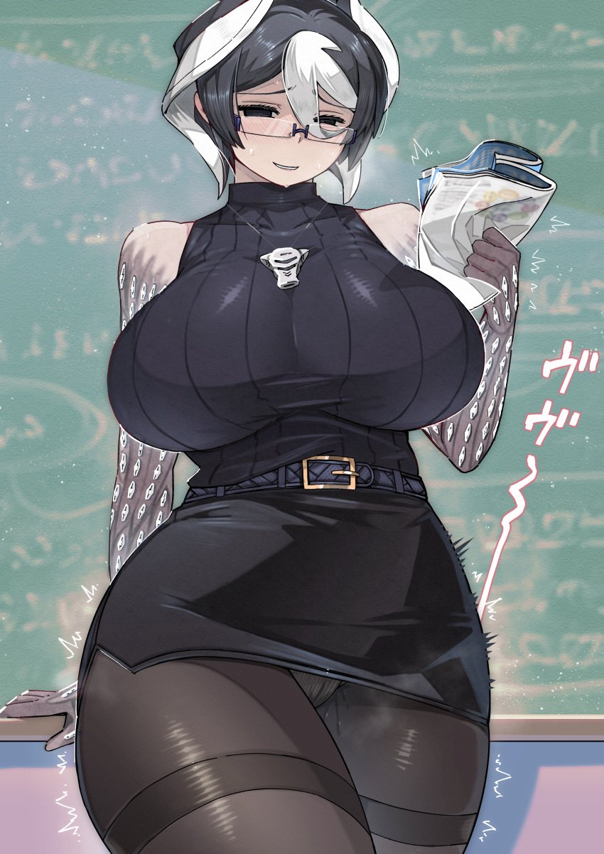 alternate_costume big_breasts black_and_white_hair black_eyes blackboard blush body_markings breath classroom curvy female female_only fully_clothed glasses hair_between_eyes half-closed_eyes hi_res hourglass_figure huge_breasts kingofbandit156 made_in_abyss mature mature_female miniskirt necklace nervous nervous_smile ozen pale-skinned_female pale_skin pantyhose pencil_skirt pussy_juice reading ribbed_sweater shaded_face short_hair sleeveless smile solo sweat sweater teacher textless_version thighband_pantyhose turtleneck twitching two_tone_hair upskirt vibrator wet_pussy whistle_around_neck wide_hips