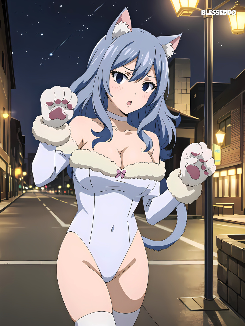 1girls ai_generated blesseddo cat_ears cat_tail catgirl fairy_tail juvia_lockser long_hair looking_at_viewer solo stockings thighhighs