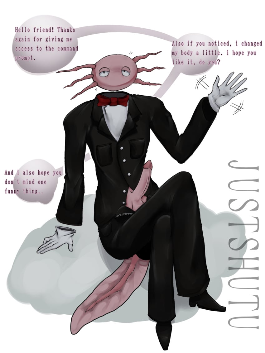 anthro axolotl axolotl_humanoid balls black_eyes calm costume friendly gloves half-closed_eyes justshutu kinito kinitopet looking_at_viewer no_neck sitting_on_cloud talking_to_viewer text_bubble waving_at_viewer