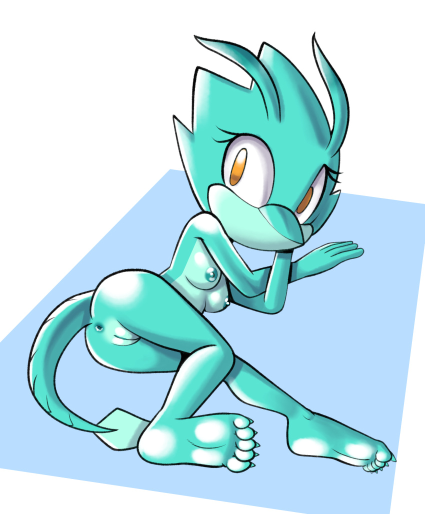 anus ass barefoot breasts fan_character feet female fours_(artist) gecko genitals green_body hi_res humanoid_feet lizard looking_at_viewer lying_on_ground mobian mobian_(species) mouthless orange_eyes pussy reptile scalie sega skitter_the_gecko slim soles solo sonic_(series) sonic_oc sonic_team sonic_the_hedgehog_(series) toes