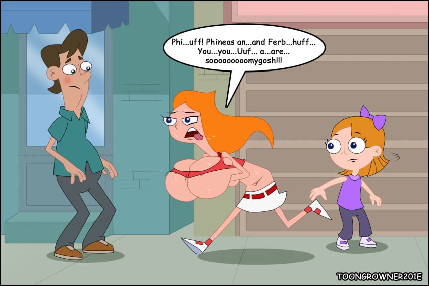 1boy 2girls blush breast_expansion breasts candace_flynn cleavage dialogue disney drooling english_text female holding_breasts huge_breasts human male navel overflowing_breasts panting phineas_and_ferb running sally_(phineas_and_ferb) sweat tagme tongue_out toongrowner torn_clothes