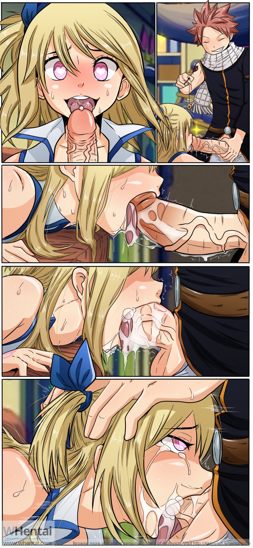 1boy akimyich balls_deep blonde_hair cum_in_throat deepthroat fairy_tail fellatio female heart heart-shaped_pupils highres hypnosis light-skinned_female light-skinned_male light_skin lucy_heartfilia mind_control natsu_dragneel open_mouth oral rolling_eyes saliva smile straight sweat symbol-shaped_pupils throat_bulge tongue tongue_out