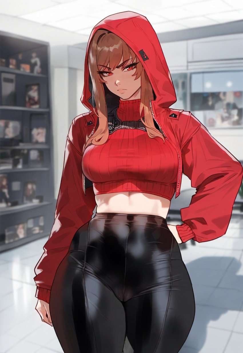 1girls ai_generated artstyle_imitation breasts brown_hair female floox goddess_of_victory:_nikke high_resolution hoodie large_breasts latex_pants light-skinned_female light_skin long_hair rapi_(nikke) red_eyes stable_diffusion thiccwithaq_(ai_style) thick_thighs