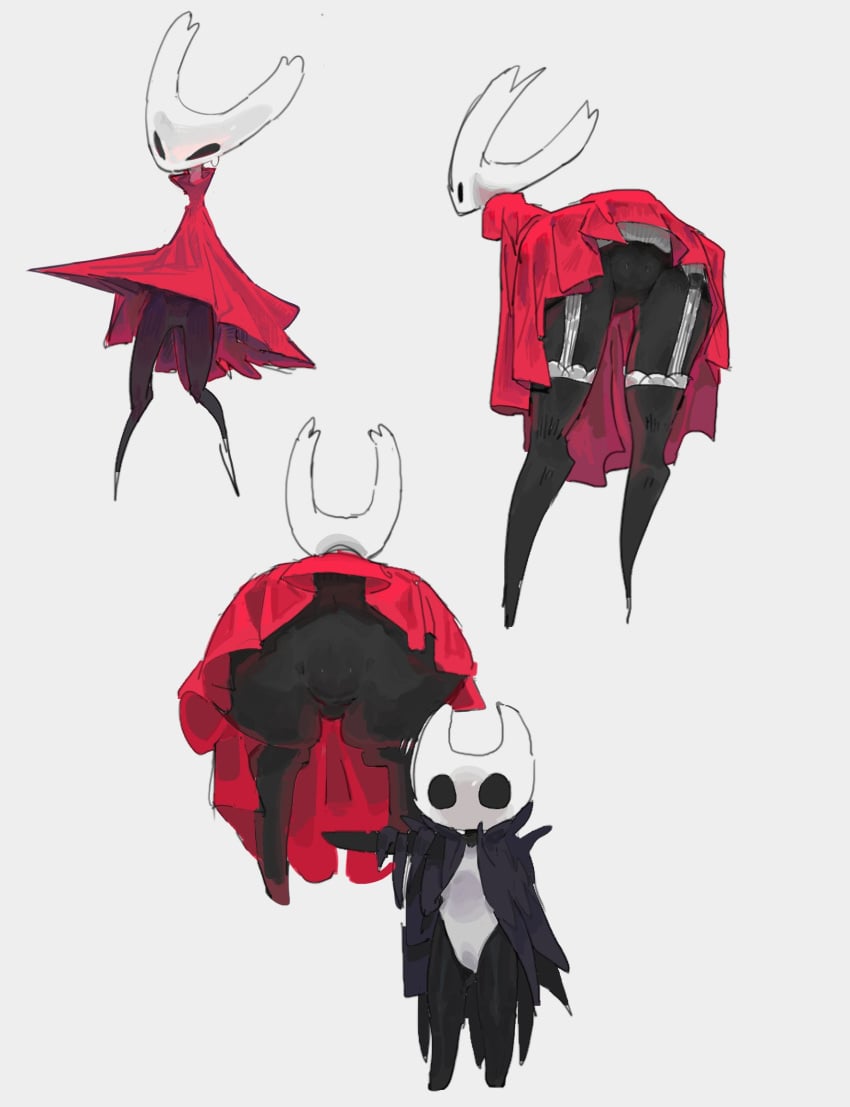 anthro anus arthropod biped black_body black_eyes cloak clothing duo female hi_res hollow_knight hornet_(hollow_knight) lingerie male presenting presenting_hindquarters protagonist_(hollow_knight) ramssa rear_view team_cherry white_body