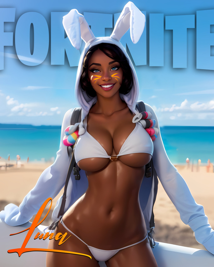 ai_generated bikini blonde_hair breasts bunny_brawler bunny_ears bunny_girl bunnysuit dark-skinned_female dark_skin easter_egg fortnite luna_(fortnite) makeup nerdddemon