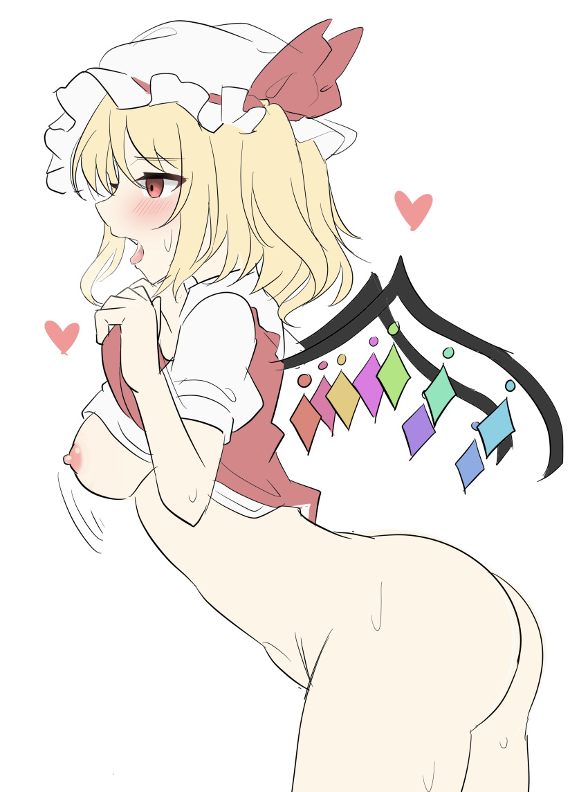 absurdres aroused ass blonde_hair blush bottomless bow breasts breasts_out clothes_lift commentary cowboy_shot crystal female flandre_scarlet from_side hair_between_eyes hat hat_bow highres lifted_by_self looking_afar medium_breasts medium_hair mob_cap motion_lines nipples one_side_up open_mouth profile rainbow_order red_bow red_eyes shirt shirt_lift short_sleeves sideboob simple_background sketch solo sweat tongue tongue_out touhou tsurime vest_lift white_background white_hat white_shirt wings youmu-kun