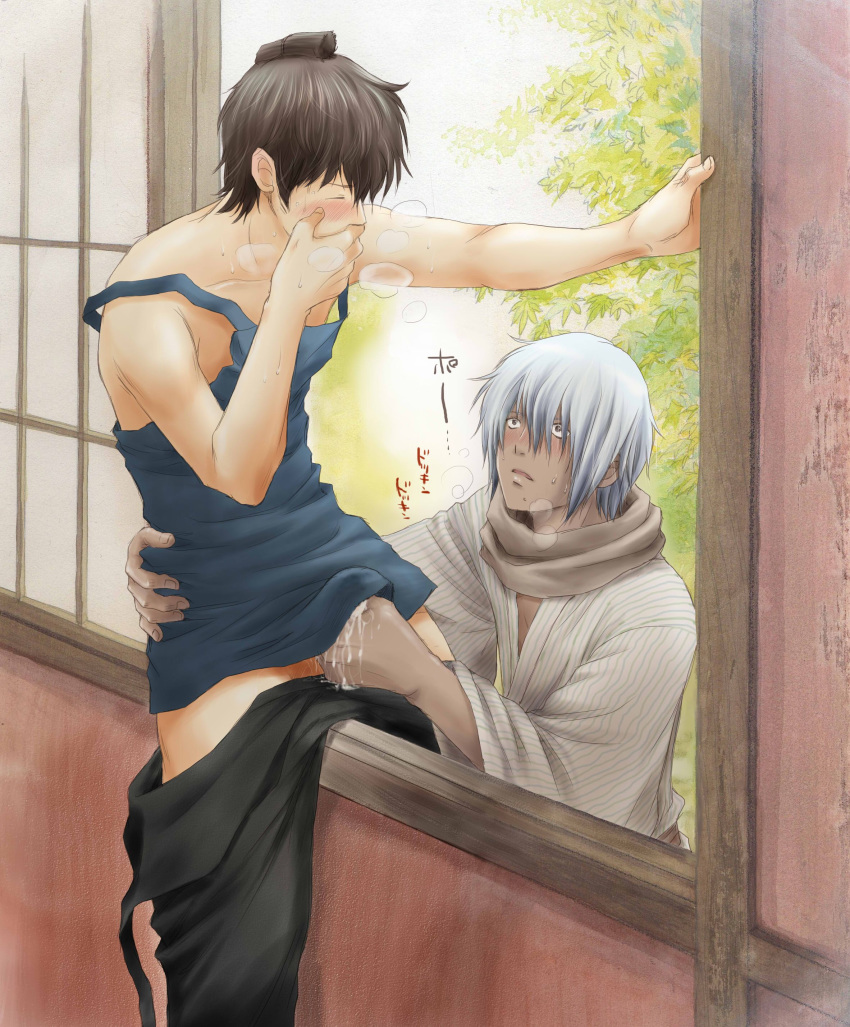 2boys breath brown_hair covering_mouth cum dark-skinned_male doromizu_jirochou gay gintama handjob handjob_under_clothes japanese_clothes light-skinned_male male male_only mushaburui shouji tenting terada_tatsugorou translation_request white_hair window yaoi