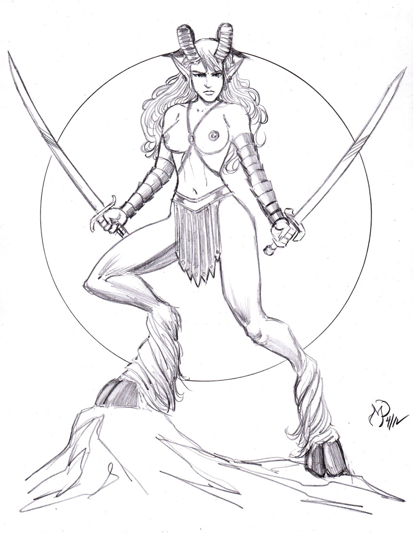 armor black_and_white breasts female greek_mythology hooves horns long_hair michael_powell mythology satyr sketch sword swords tagme