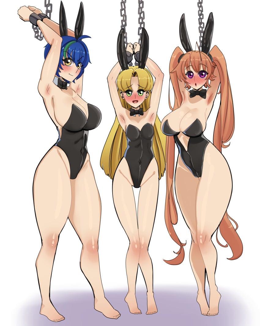 3girls asia_argento bare_thighs barefoot blonde_female blonde_hair blonde_hair_female blue_hair blush bondage bow bowtie bunny_ears bunnysuit chained chains darian.art9 darian_arts easter green_eyes happy_sub high_school_dxd kadokawa_shoten long_hair multiple_girls orange_hair purple_eyes shadow shidou_irina short_hair white_background xenovia_quarta yellow_eyes