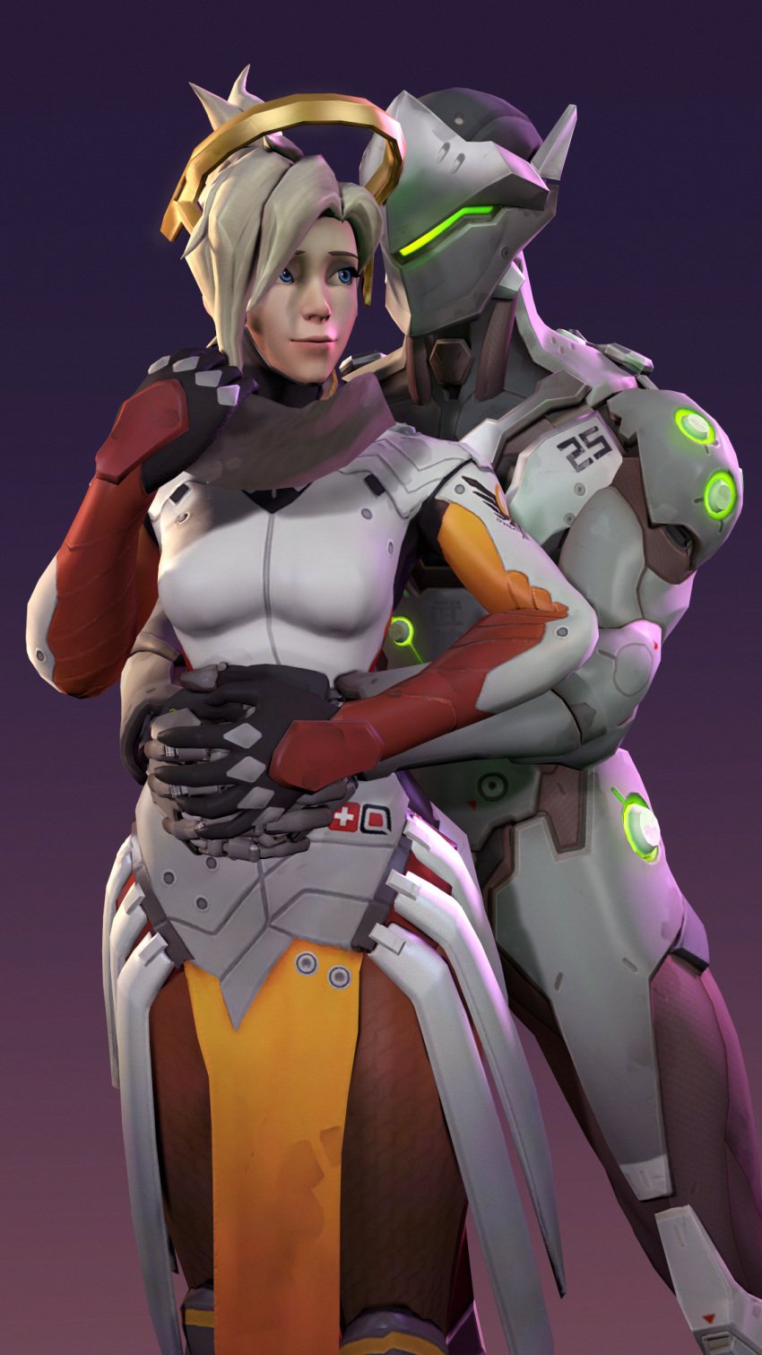 1boy 1girls 3d 3d_(artwork) 3d_model angela_ziegler blizzard_entertainment bodysuit clothed darknessringo female/male genji genji_shimada happy heterosexual japanese loving_couple male/female mercy middle_aged middle_aged_female overwatch overwatch_2 romantic_ambiance romantic_couple straight swiss together