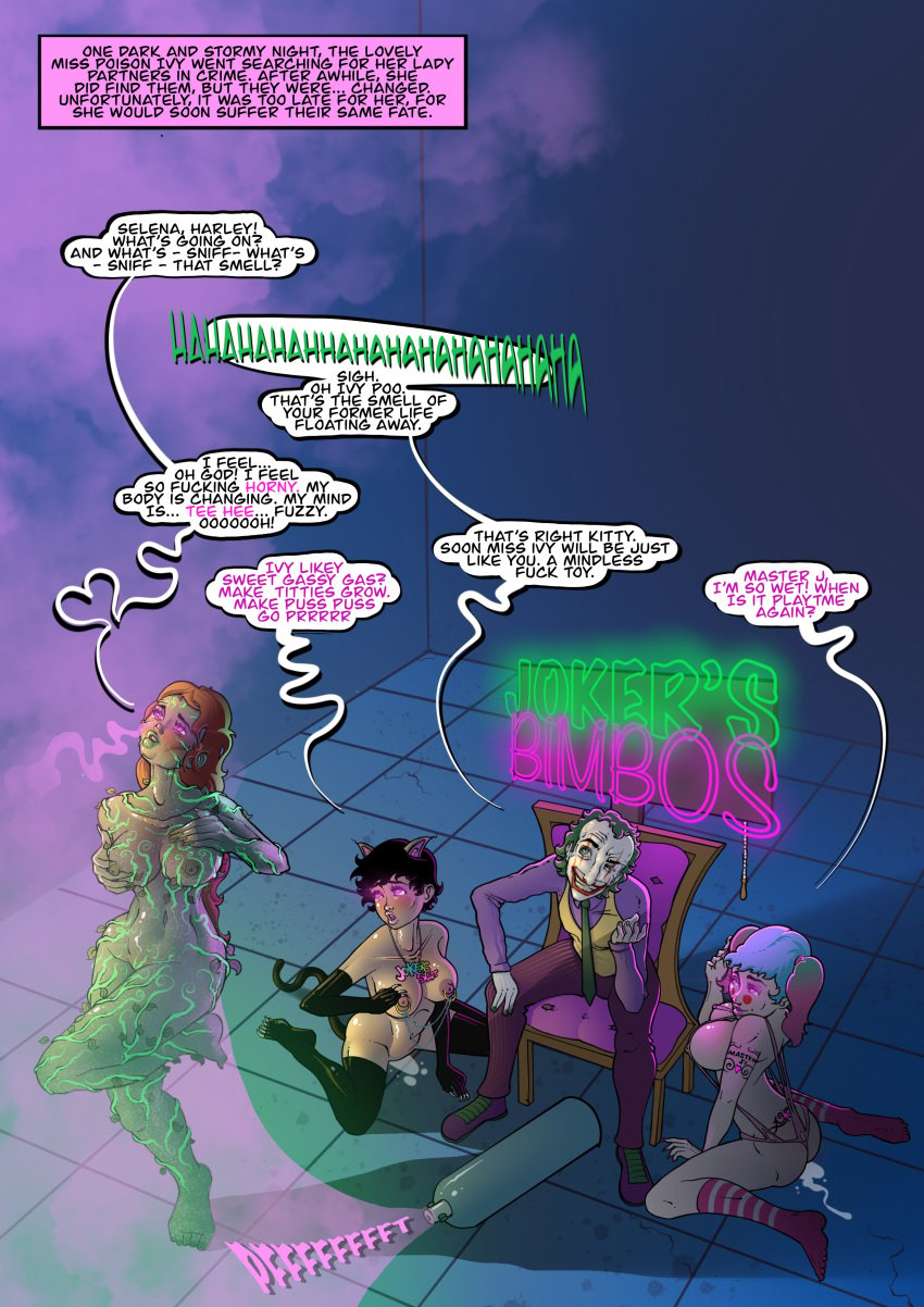 1boy 3girls batman_(series) bimbo bimbofication bimbofied brain_drain breast_expansion catwoman dc dc_comics english_text femsub harem harley_quinn hypnotic_gas identity_death iq_loss jackdamonkey joker large_breasts maledom poison_ivy selina_kyle text